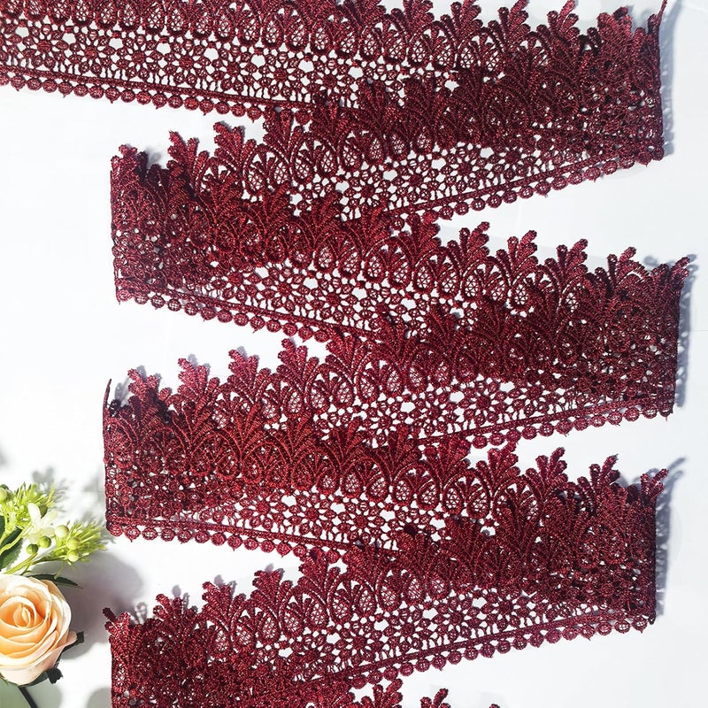 DKKUAYANGUP (Burgundy Floral Lace Trim - 5 Yards, 9cm Wide | Wedding Dress Embellishment, Gift Packaging, Party Decor | DIY Sewing & Craft Supplies - Image 2